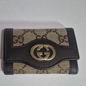 Gucci Beige Brown GG Canvas Key & Card Holder with Gold Logo